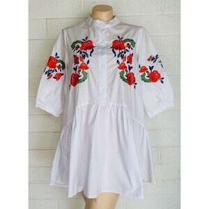Mazatlan Boutique White Appliqued Embroidery Cotton Peasant Top Dress M